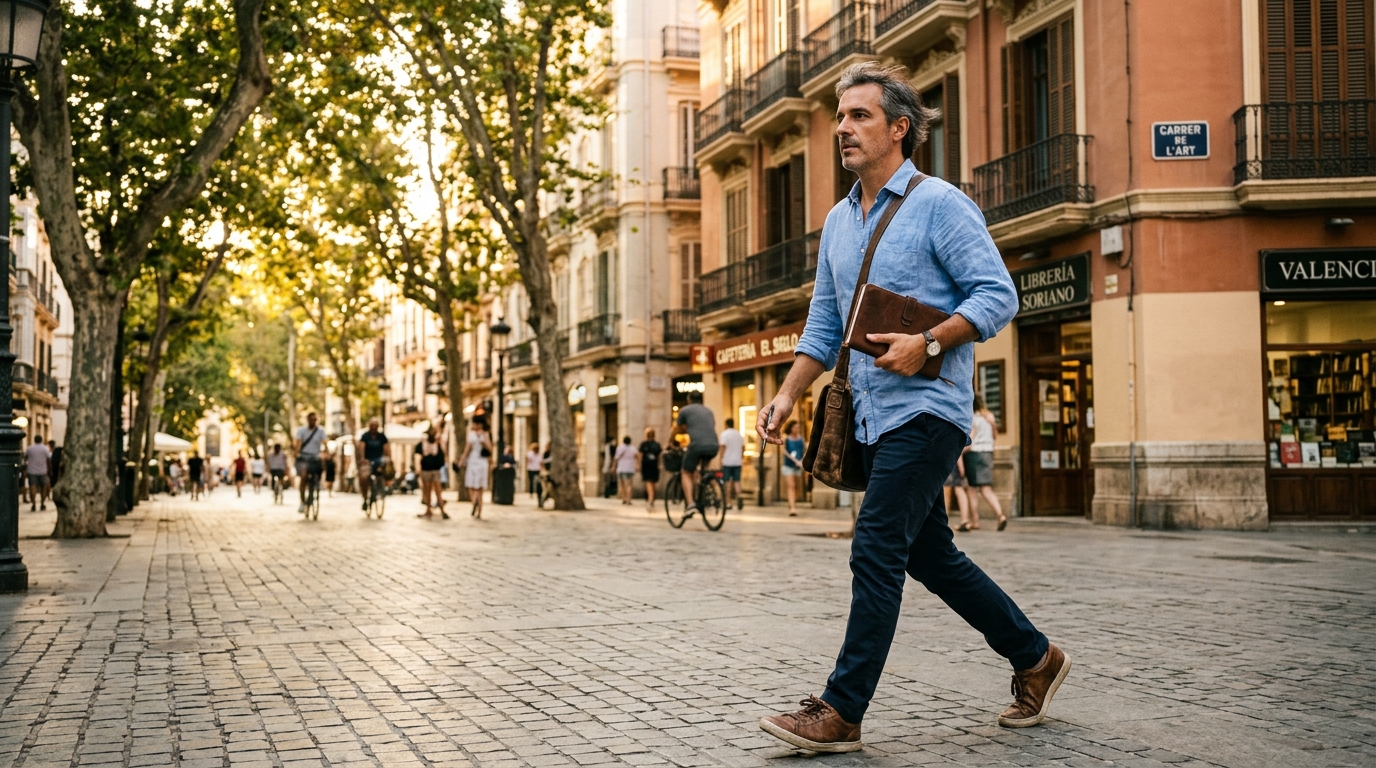 Hombre andando por una calle arbolada de Valencia con libreta en la mano