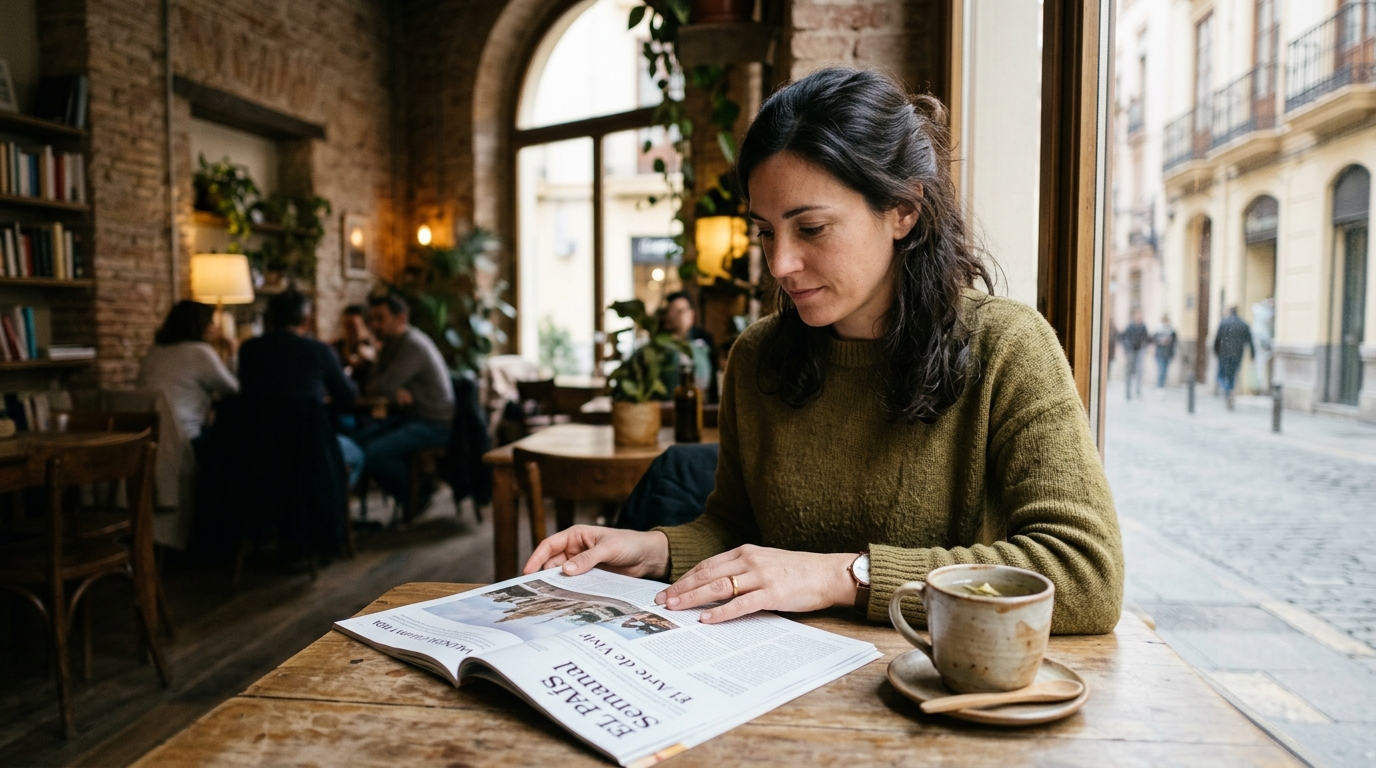 Mujer leyendo en una cafetería de Valencia con una taza cerámica de infusión