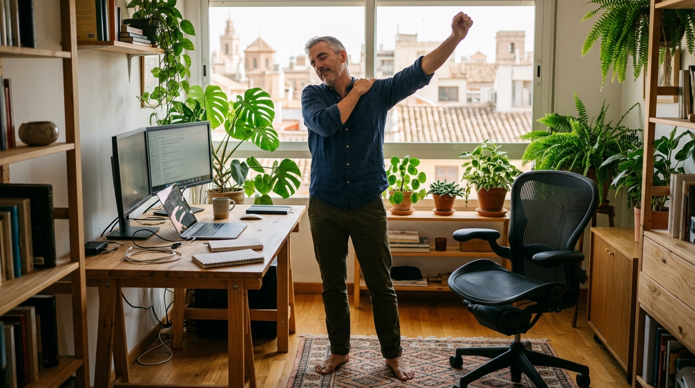 Hombre estirando suavemente junto a un escritorio en casa con plantas al fondo